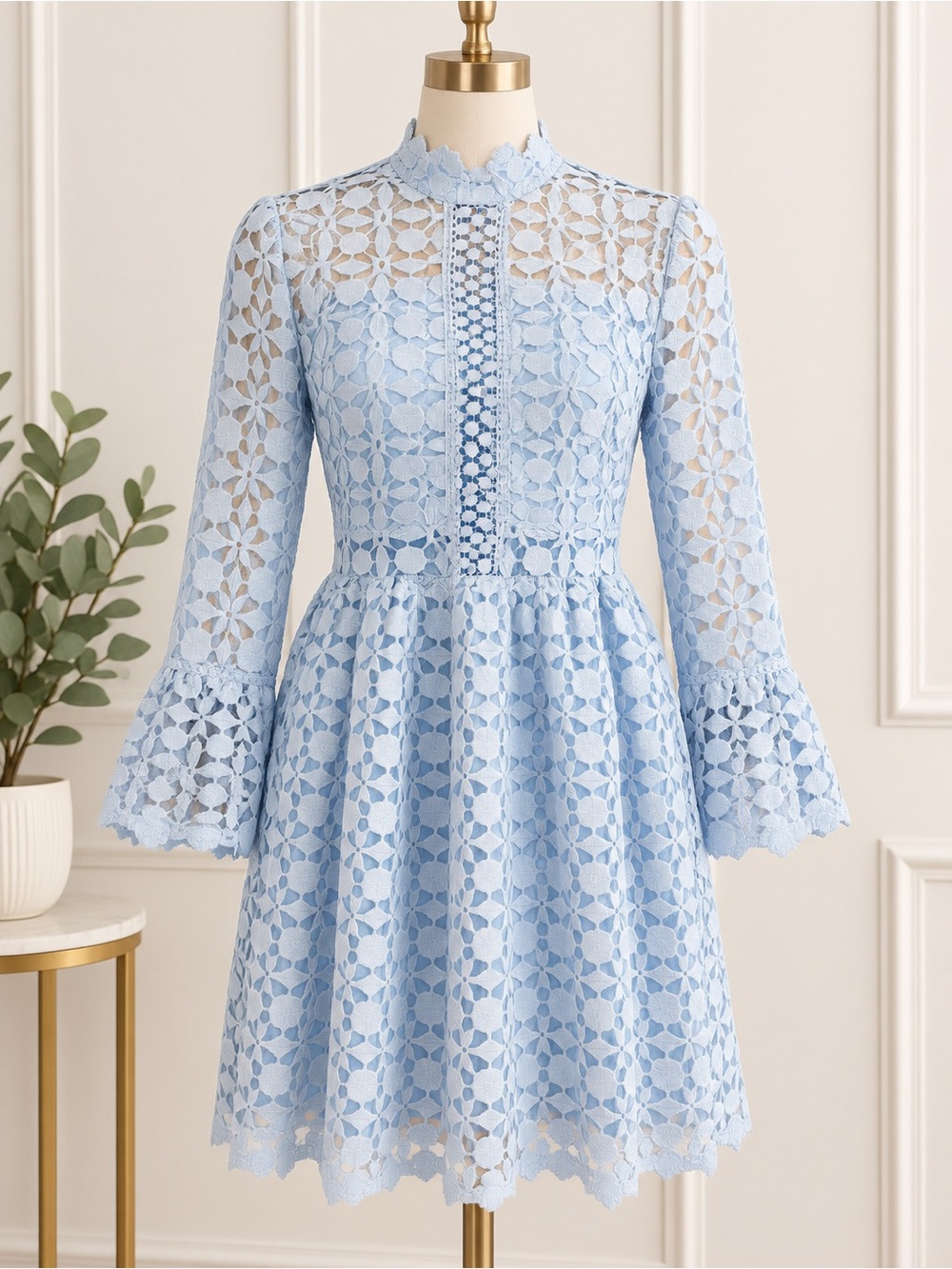 Light Blue Long-Sleeve Coquette Romantic Cottagecore Boho Crochet Lace Dress